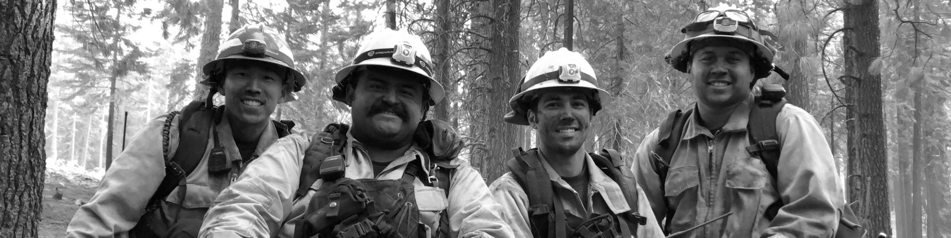 photo of four fire fighters in forest smiling
